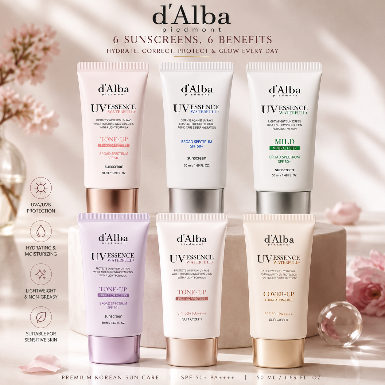 d'Alba UV Essence Waterfull+ Sunscreen Collection SPF50+ PA++++ | Korean Sun Cream