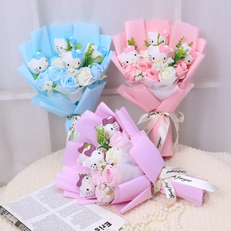 Hello Kitty Cat Dolls With Artificial Flowers Creative Bouquet  Valentine  Gifts
