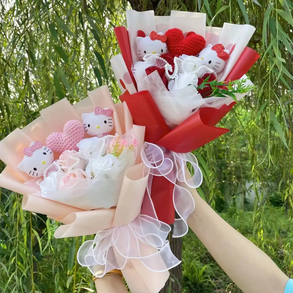 Hello Kitty Cat Dolls With Artificial Flowers Creative Bouquet  Valentine  Gifts