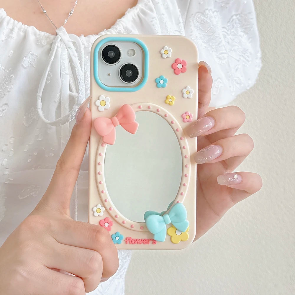 Cute 3D Floral Mirror Phone Case For iPhone Funny Flower Shockproof Soft Silicone Cover