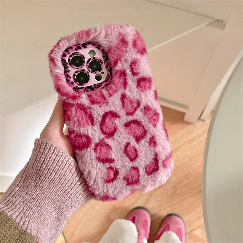 Fashion Leopard Furry Plush Lens Bracket Phone Case For iPhone With Wrist Chain Shockproof Cover