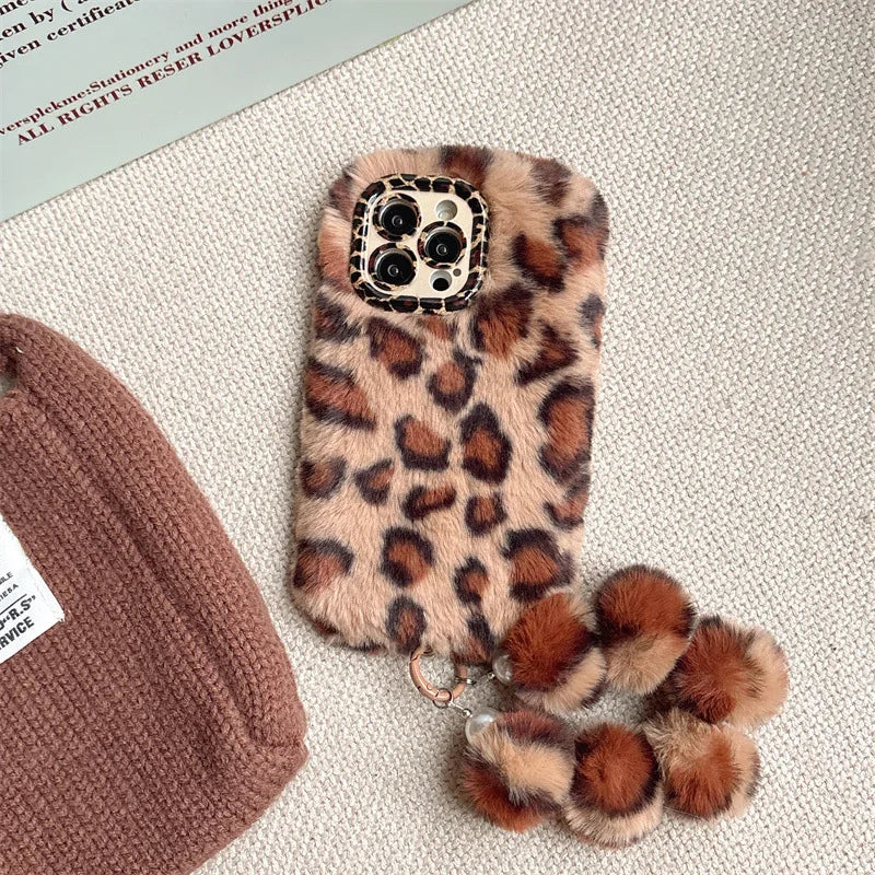 Fashion Leopard Furry Plush Lens Bracket Phone Case For iPhone With Wrist Chain Shockproof Cover