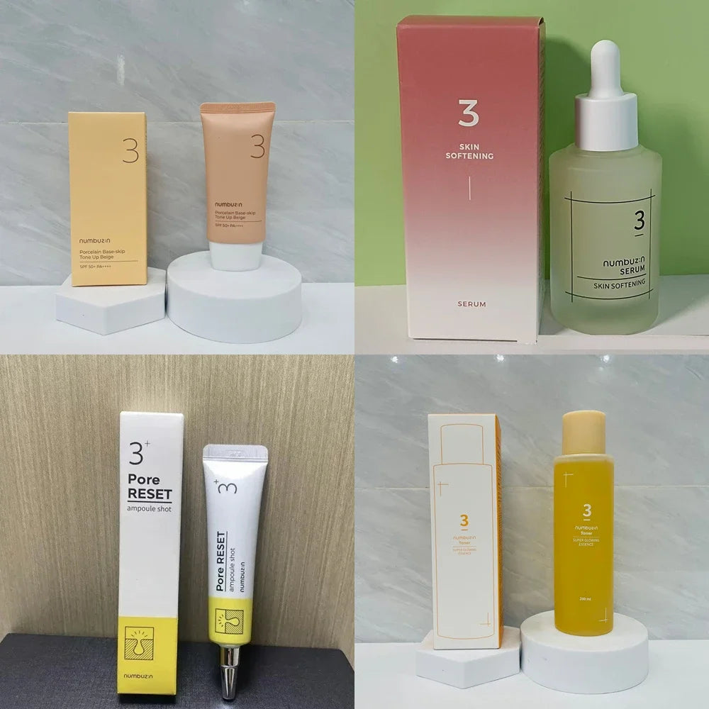 Numbuzin No.3 Korean Skin Care Set: Tone-up Cream, Super Glowing Toner, Soft Shiny Essence Serum