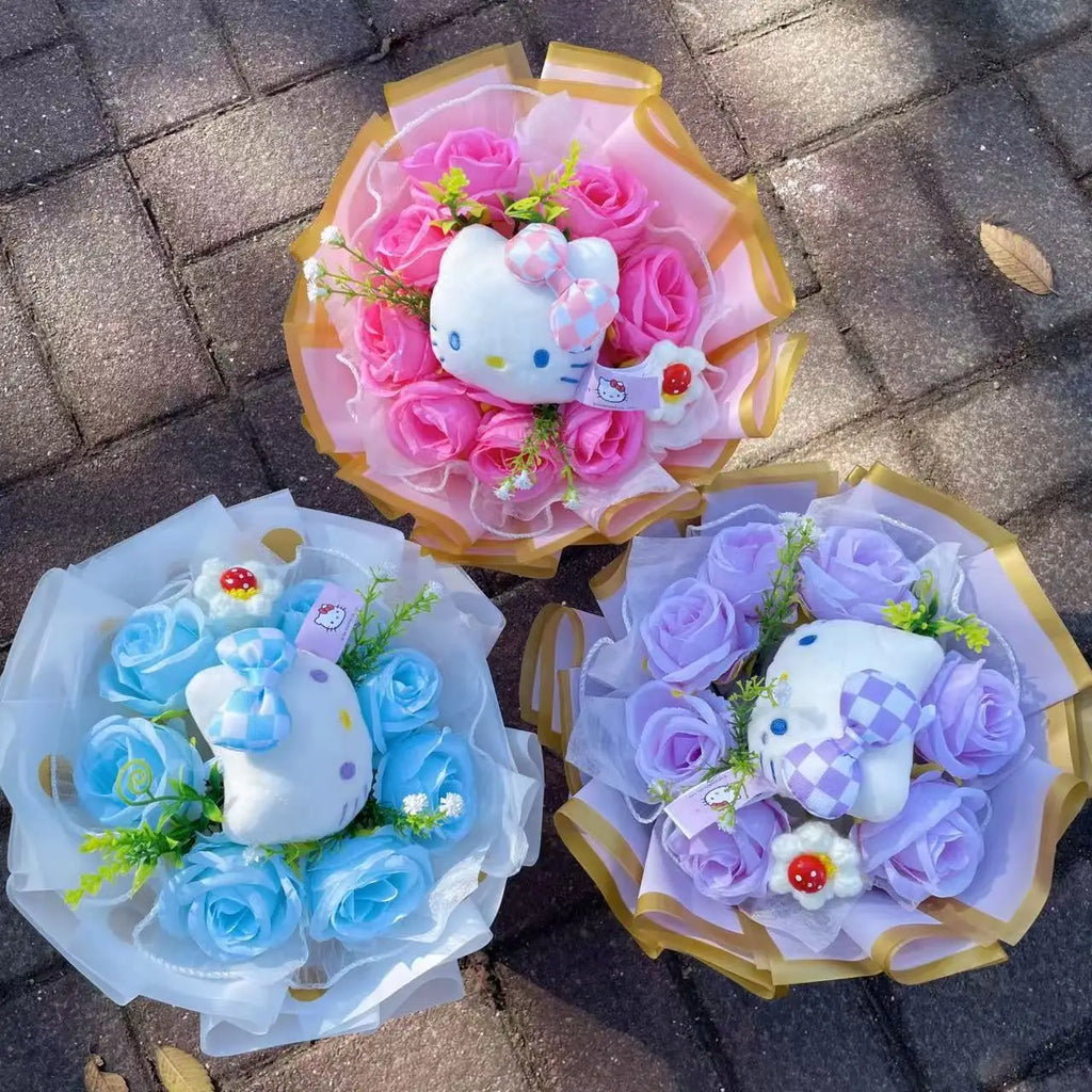 Hello Kitty Cat Dolls With Artificial Flowers Creative Bouquet  Valentine  Gifts