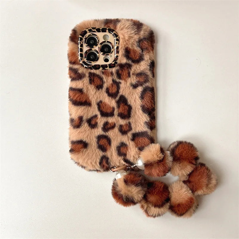 Fashion Leopard Furry Plush Lens Bracket Phone Case For iPhone With Wrist Chain Shockproof Cover