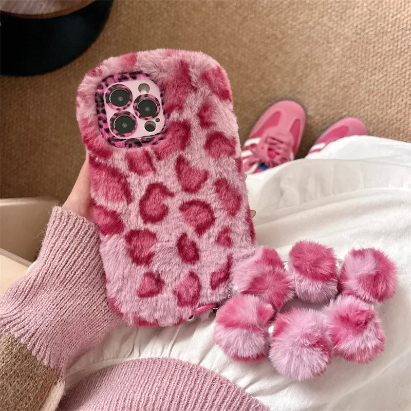 Fashion Leopard Furry Plush Lens Bracket Phone Case For iPhone With Wrist Chain Shockproof Cover