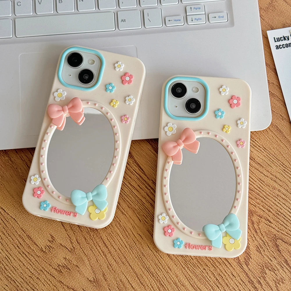 Cute 3D Floral Mirror Phone Case For iPhone Funny Flower Shockproof Soft Silicone Cover