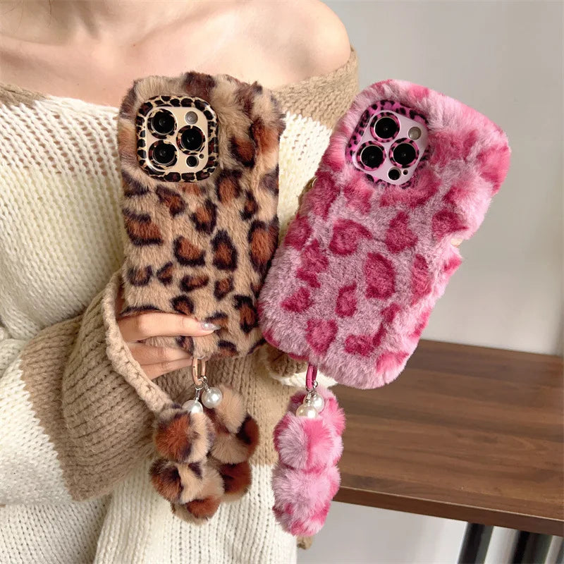 Fashion Leopard Furry Plush Lens Bracket Phone Case For iPhone With Wrist Chain Shockproof Cover