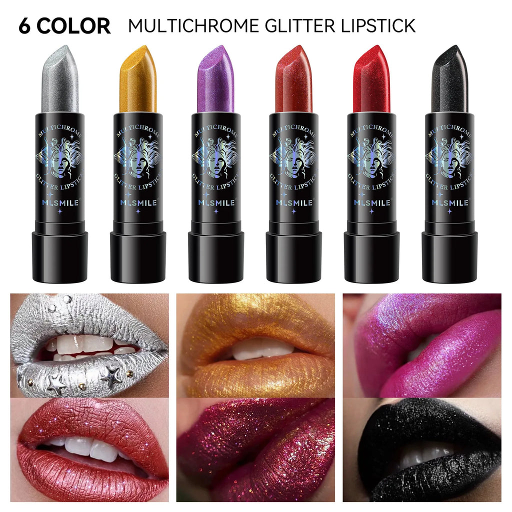 6Colors Glitter Lipstick Waterproof Long Lasting Diamond