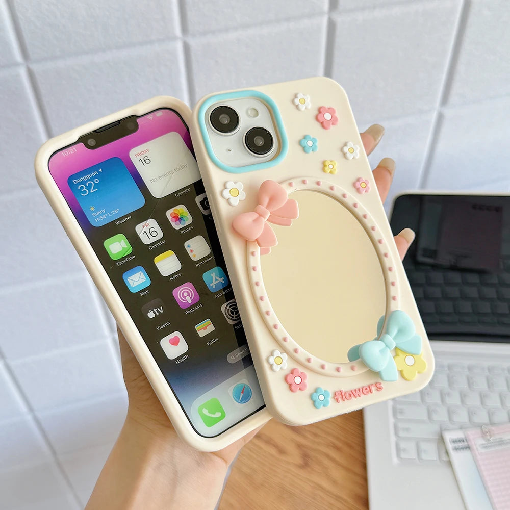 Cute 3D Floral Mirror Phone Case For iPhone Funny Flower Shockproof Soft Silicone Cover