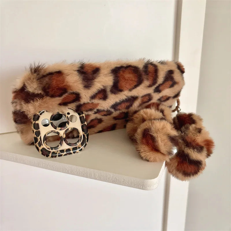 Fashion Leopard Furry Plush Lens Bracket Phone Case For iPhone With Wrist Chain Shockproof Cover
