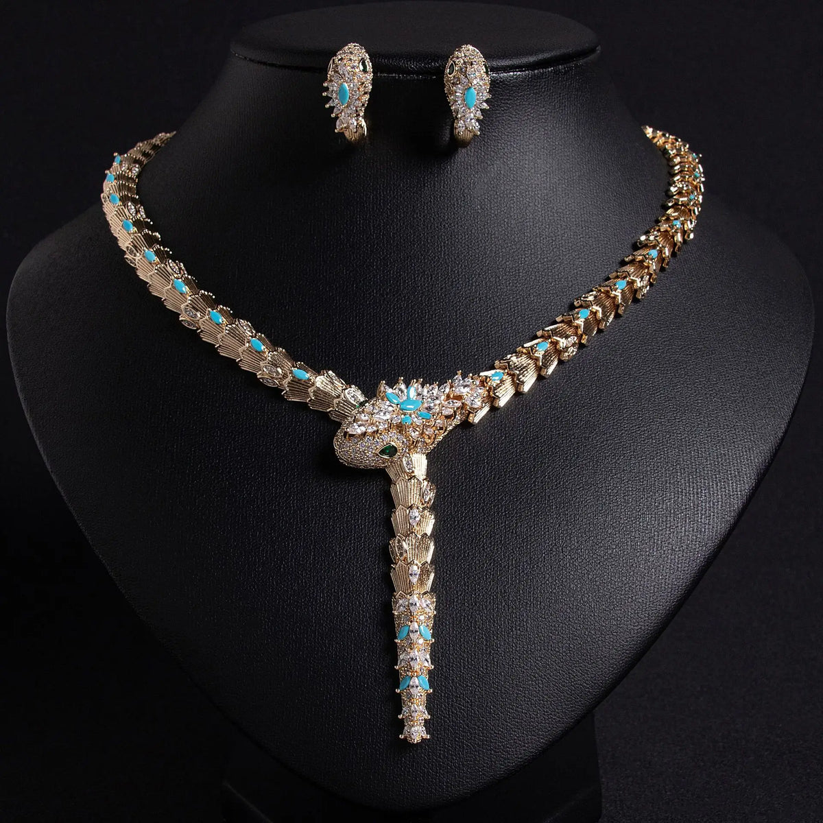 Cross border Fashion Micro inlaid Zircon Serpentine Necklace Earrings
