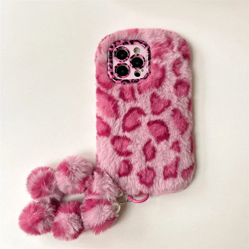 Fashion Leopard Furry Plush Lens Bracket Phone Case For iPhone With Wrist Chain Shockproof Cover