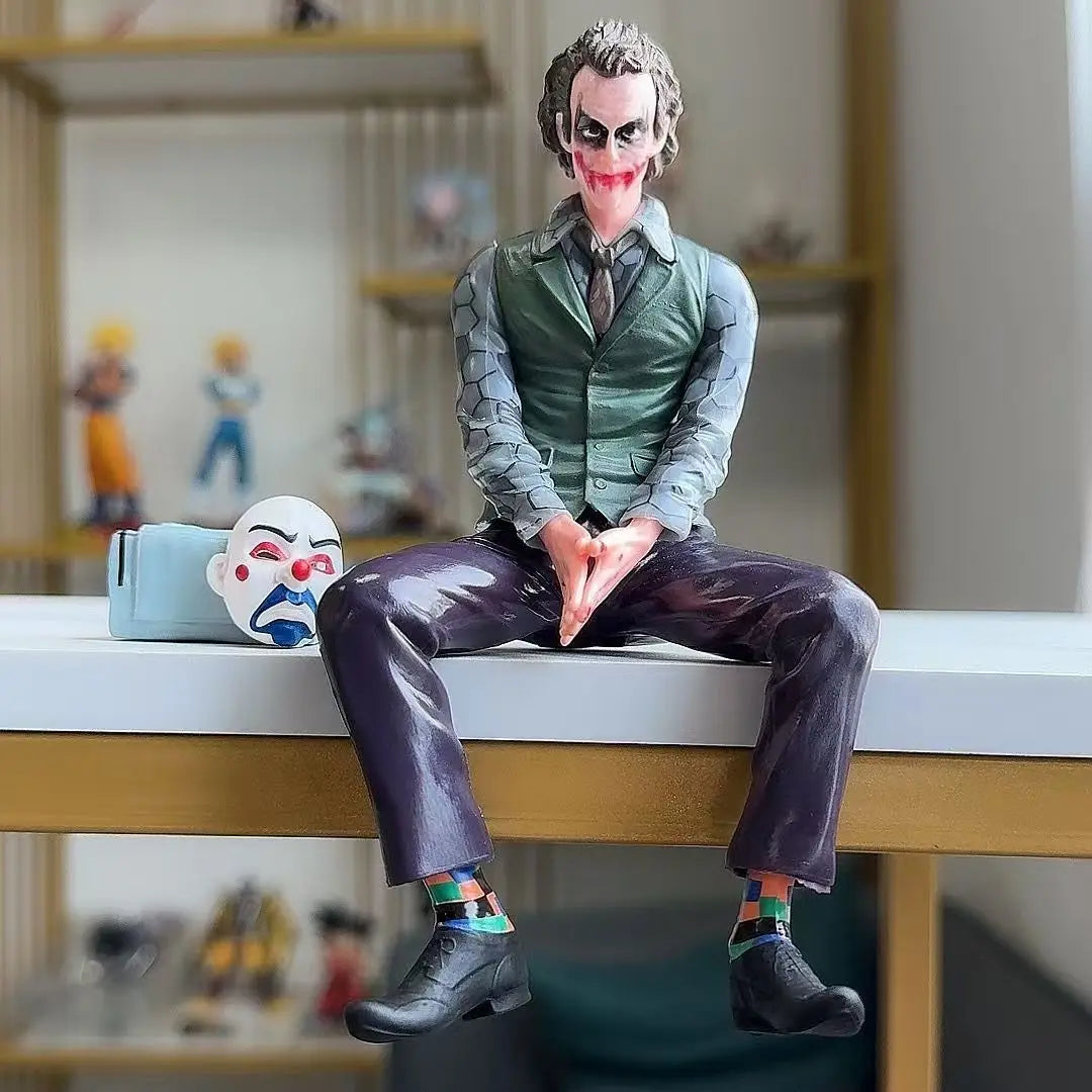 New 18cm Joker Heath Ledger Action Figure Sitting Green Suit Handheld Joker Mask Doll Desktop Decoration Model Toys Gifts