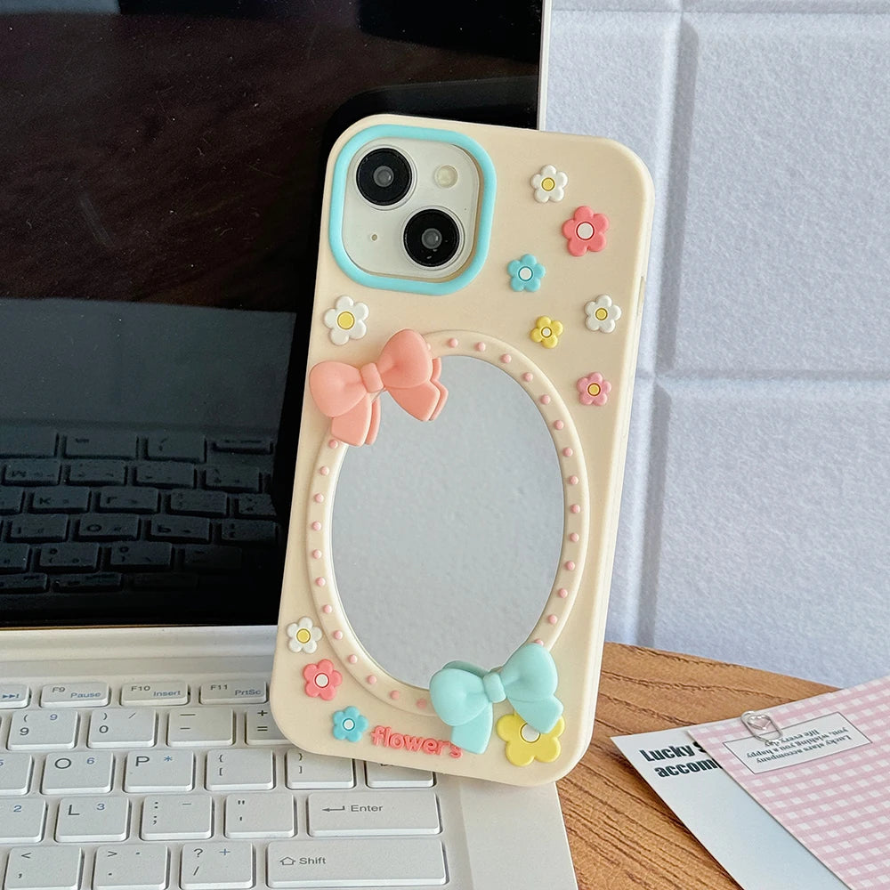 Cute 3D Floral Mirror Phone Case For iPhone Funny Flower Shockproof Soft Silicone Cover