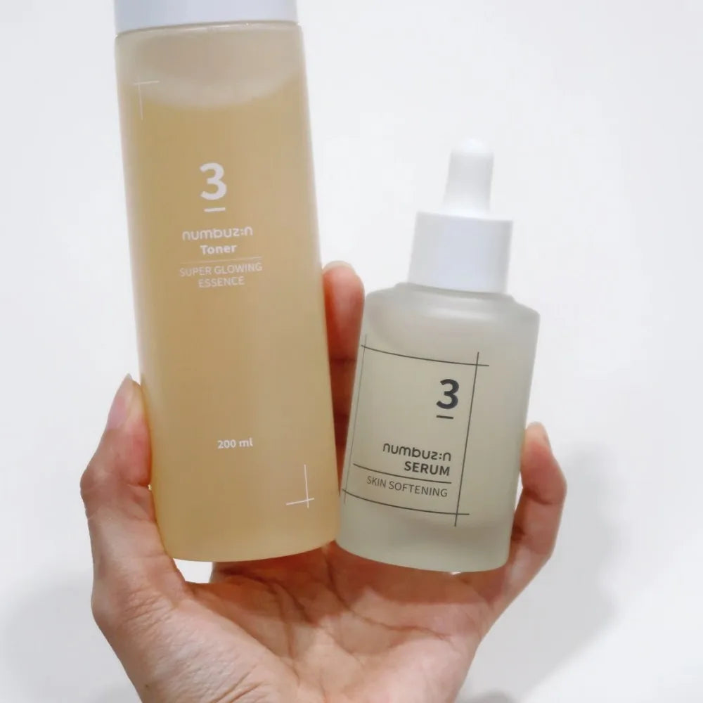 Numbuzin No.3 Korean Skin Care Set: Tone-up Cream, Super Glowing Toner, Soft Shiny Essence Serum