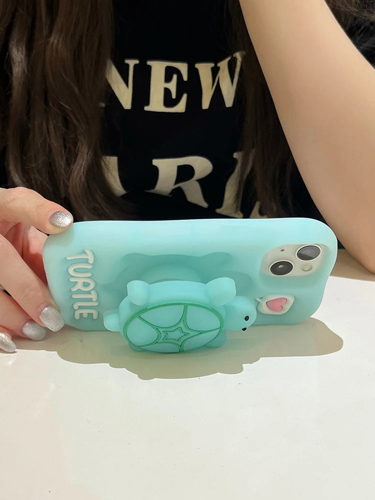 Cartoon Cute Luminous Turtle Kickstand Soft Silicone Case For iPhone Phone Cover With Holder Luminated