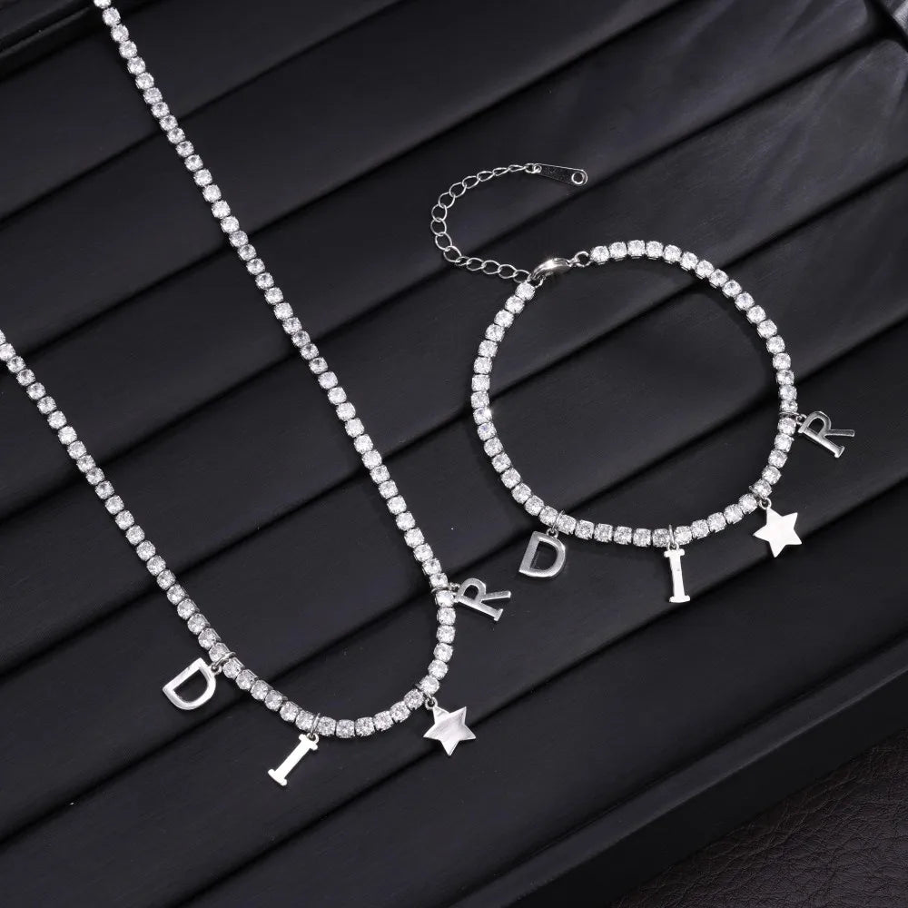 Women's Fashion Zircon Inlaid Letter Star Pendant Bracelet And Necklace