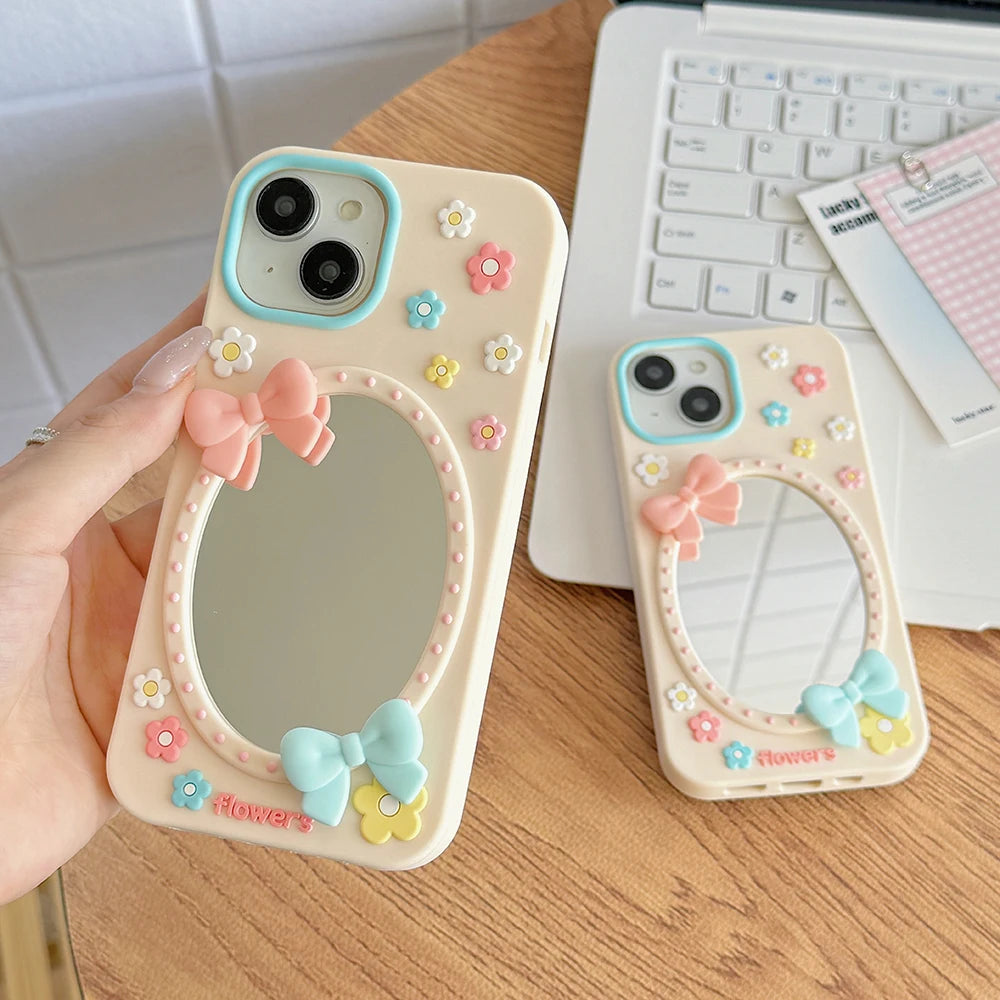 Cute 3D Floral Mirror Phone Case For iPhone Funny Flower Shockproof Soft Silicone Cover