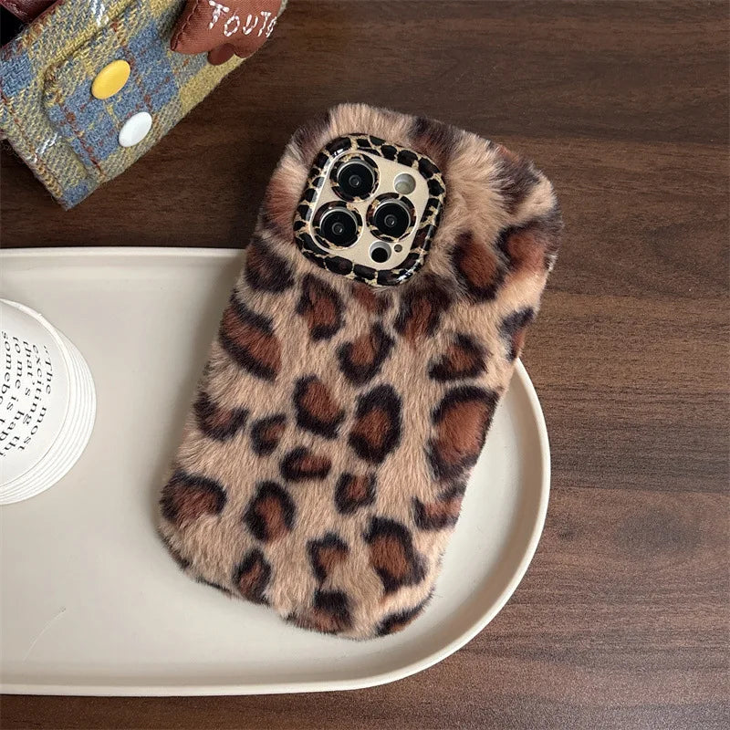 Fashion Leopard Furry Plush Lens Bracket Phone Case For iPhone With Wrist Chain Shockproof Cover
