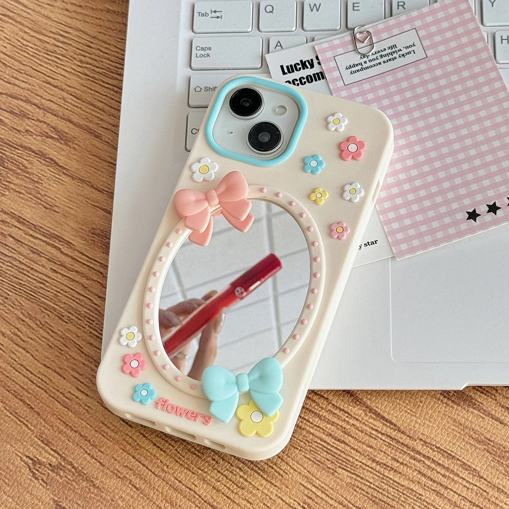Cute 3D Floral Mirror Phone Case For iPhone Funny Flower Shockproof Soft Silicone Cover