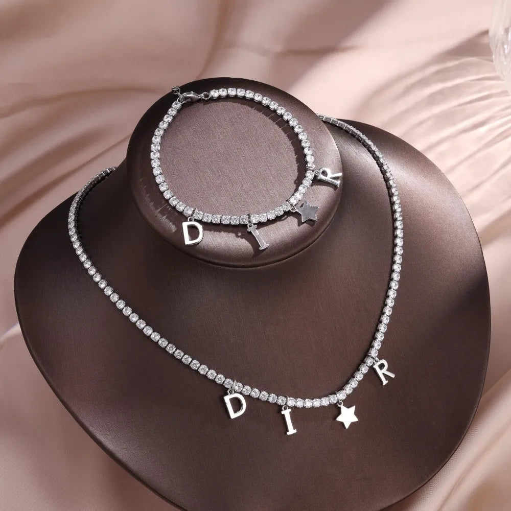 Women's Fashion Zircon Inlaid Letter Star Pendant Bracelet And Necklace