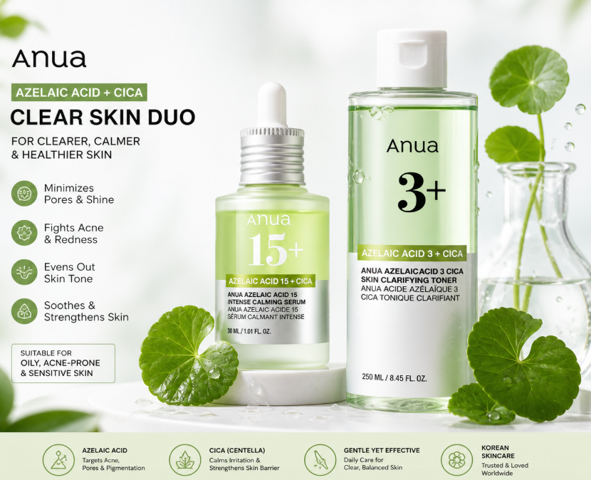 Anua Azelaic Acid Clear Skin Duo Serum Cica Toner | Acne Control, Pore Minimizing & Brightening Korean Skincare Set for Oily & Sensitive Skin