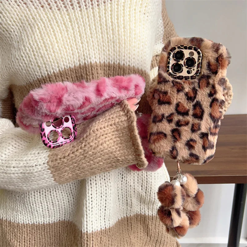 Fashion Leopard Furry Plush Lens Bracket Phone Case For iPhone With Wrist Chain Shockproof Cover