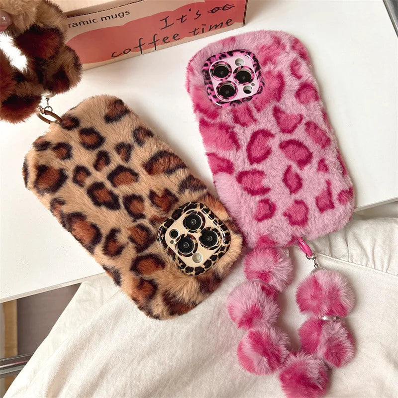 Fashion Leopard Furry Plush Lens Bracket Phone Case For iPhone With Wrist Chain Shockproof Cover
