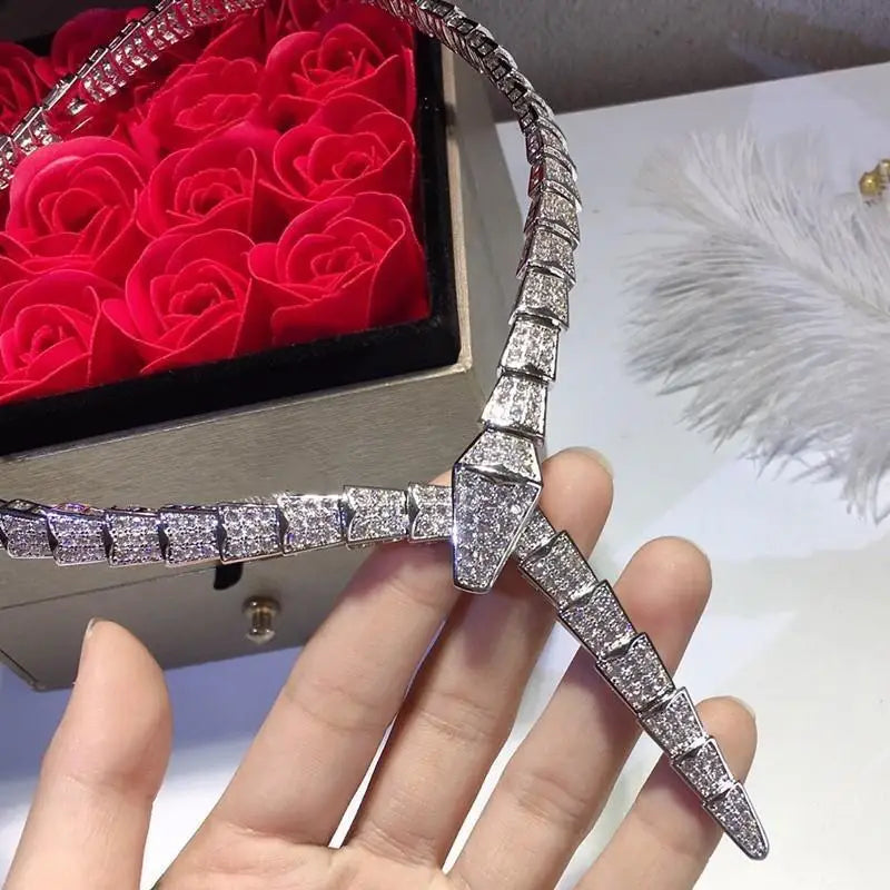 Full Diamond Micro-paved Snake-shaped Wide Version Light Luxury Sweet and Cool Necklace